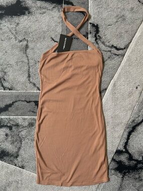 PrettyLittleThing Tan Ribbed Halter Bodycon Dress